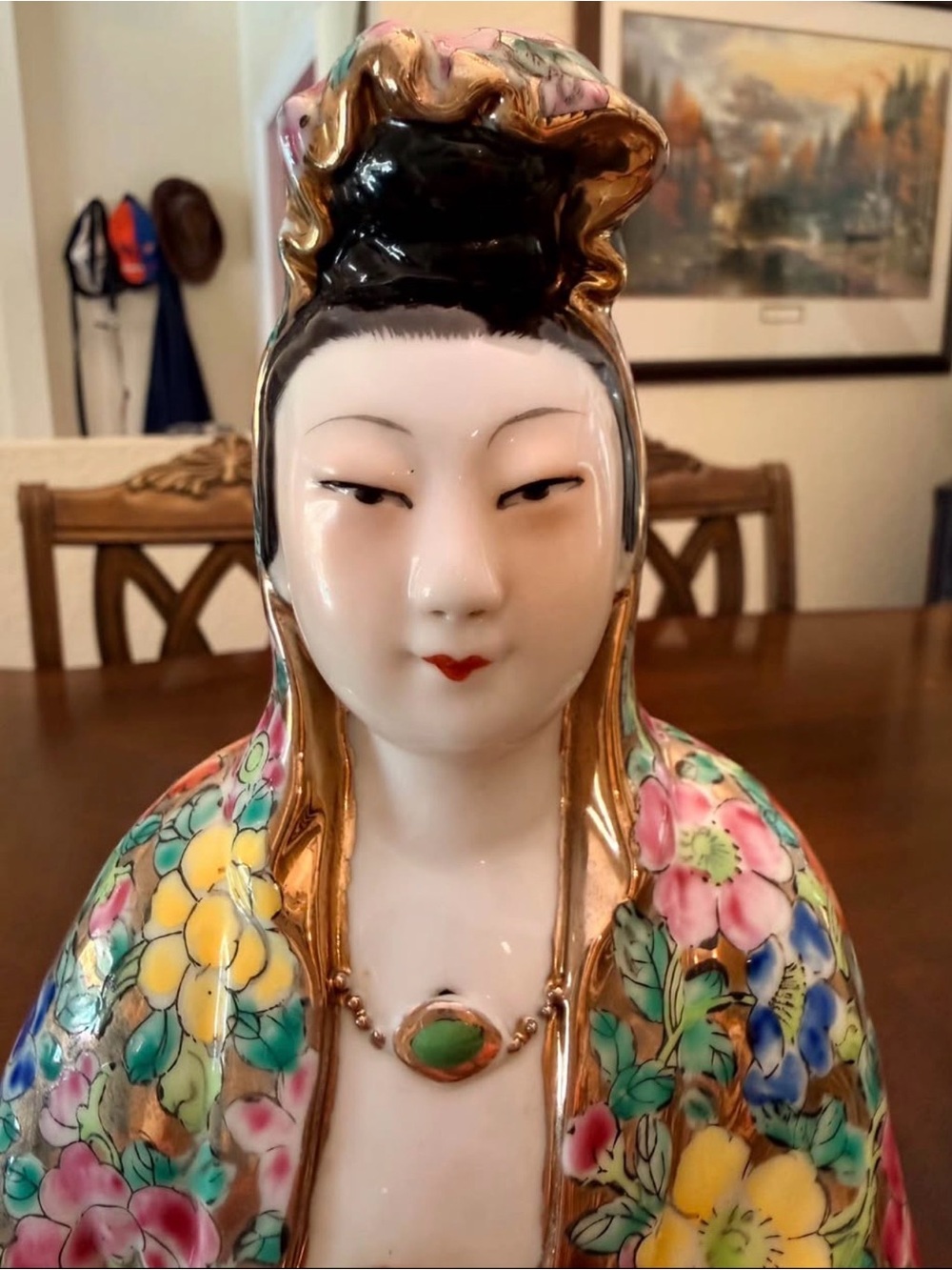 Large 13” Chinese Famille Rose Porcelain Guanyin Kwan Yin Statue Gilt Lotus